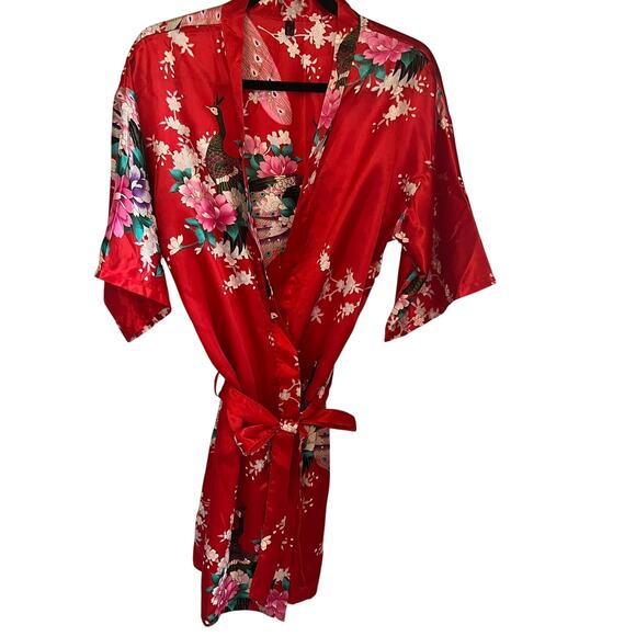 Avidlove dressing robe women’s size medium Red Colorful Peacock Floral Design - Picture 1 of 10